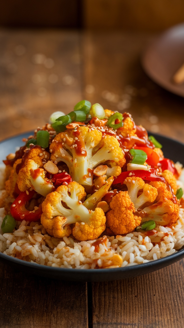 A colorful plate of Kung Pao Cauliflower with bell peppers and peanuts served over rice, garnished with green onions and sesame seeds.